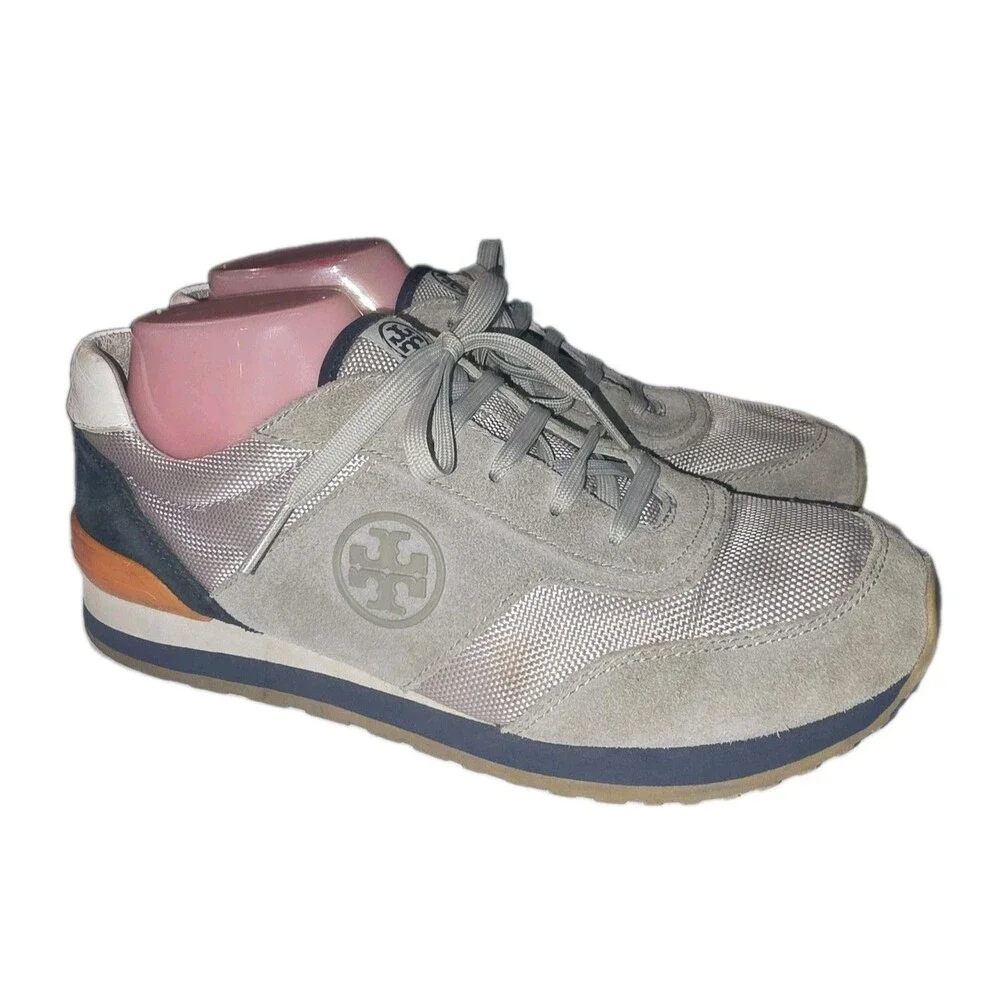 TORY BURCH Sz 9.5 Suede Leather Upper Gray Blue Orange Logo Trainer Sneakers